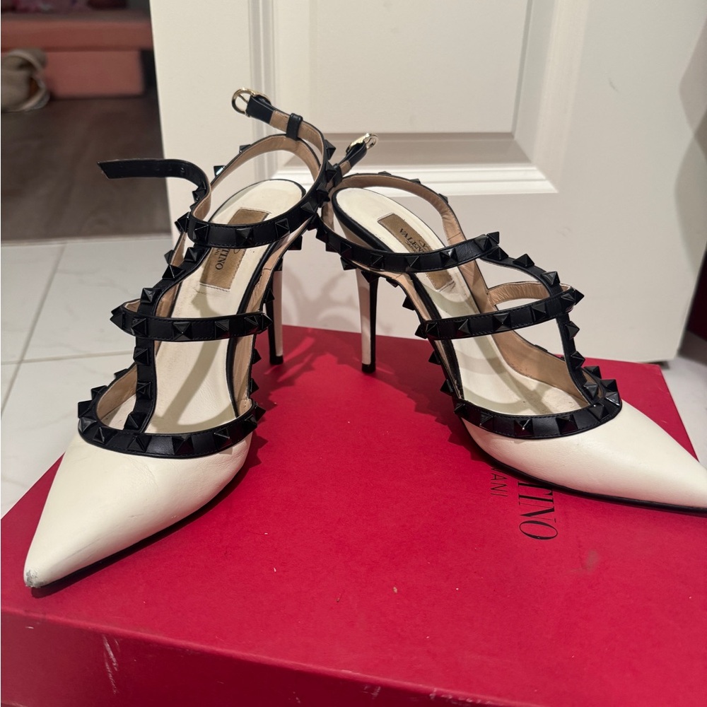 Valentino Women's Black and Cream Studded Heels - Picture 3 of 5